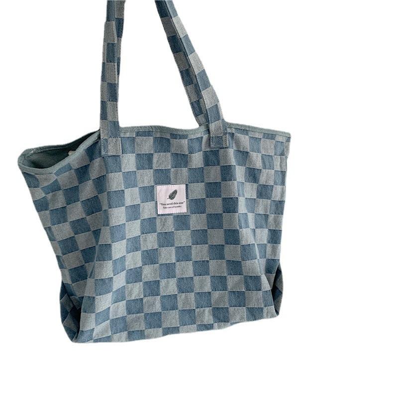 1 Checkerboard Large Capacity Tote Bag Denim Canvas Shoulder Bag Schoolgirl Handbag