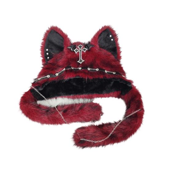 Caldo cappello invernale, adorabile cappello con animale di peluche, copricapo con orecchie di gatto pelose, accessori unici per cosplay, berretto morbido per costume di Halloween, tema festivo