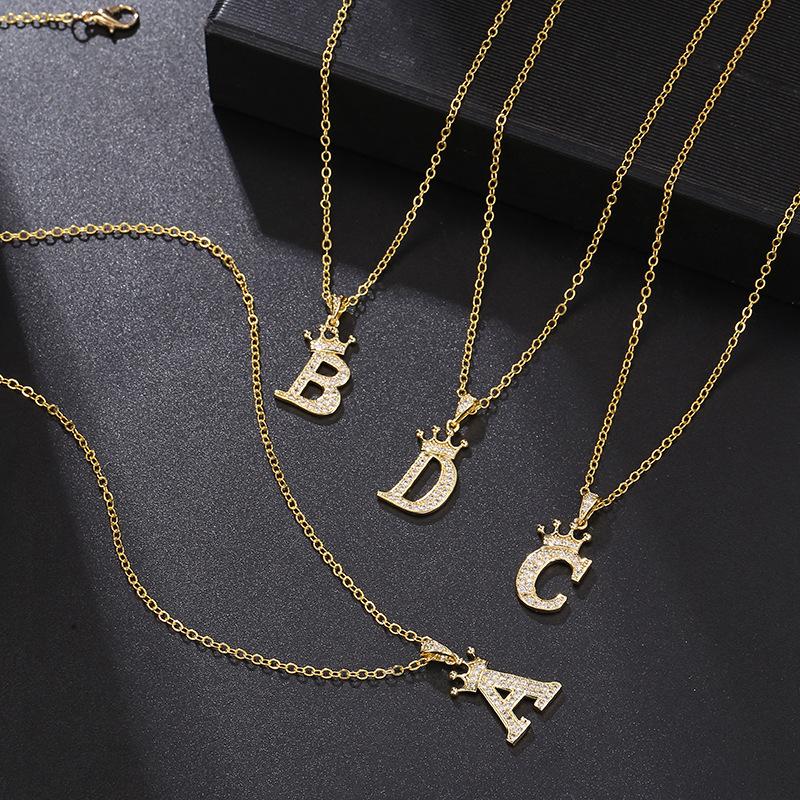 Fashion Cubic Zirconia Crown Letter Pendant Necklace Gold Hip Hop Punk Alphabet Jewelry