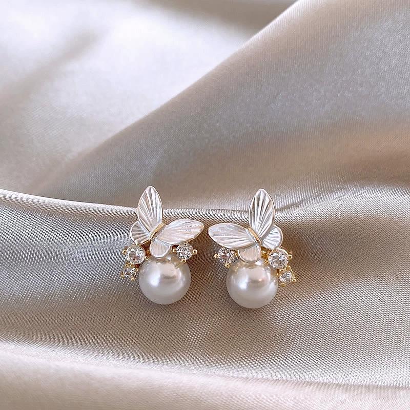 Elegant French Zircon Butterfly and Pearl Stud Earrings - Light Luxury Fashion Accessories