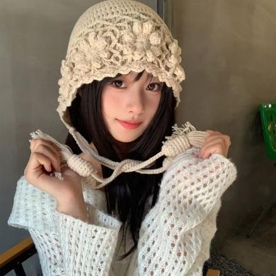 Fashion Hollowed-out Flower Bonnet Hat Hand Woven Long Tassel Pullover Hat Windproof Knitted Ear Protection Hat