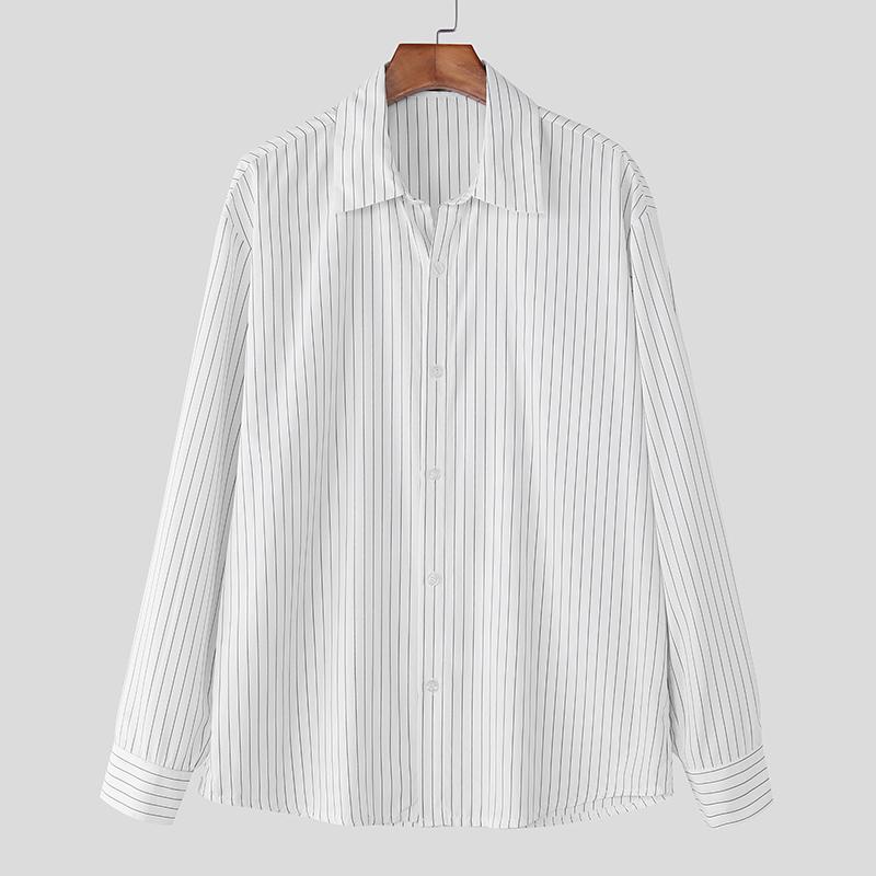 

INCERUN Oversized Men Casual Lapel Neck Long Sleeve Striped Print Office Shirts Tops 5XL