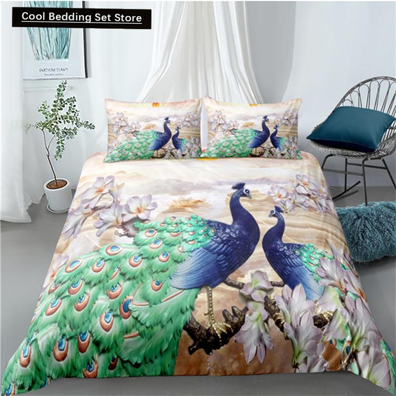 Pfau Bettbezug King Queen Größe Kolibri Libelle Bettwäscheset Blumen Vögel Bettdeckenbezug Floral Tiere Bettdeckenbezug