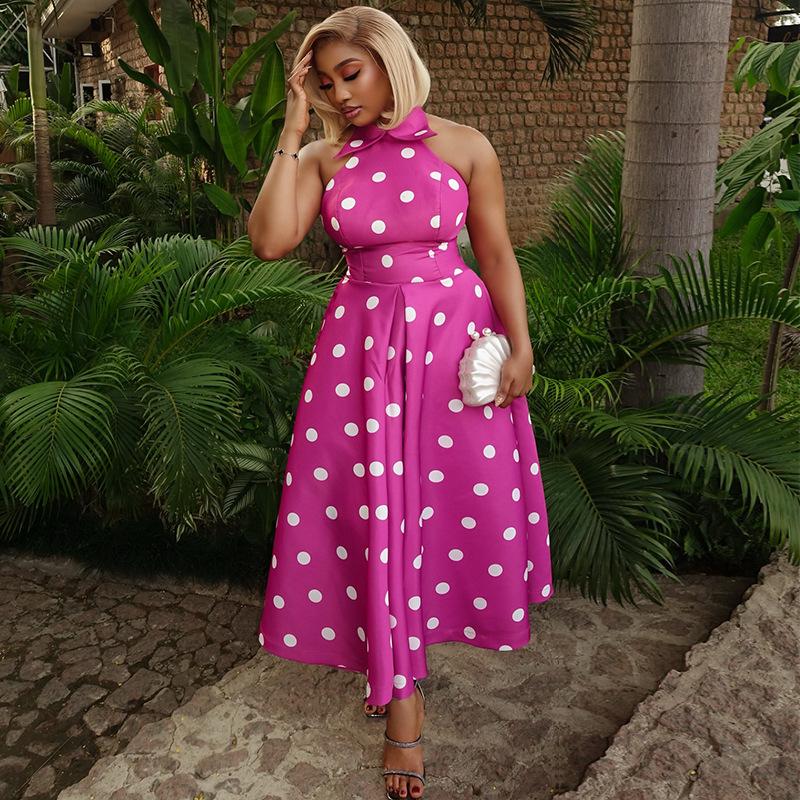 European and American Women's Clothing Summer New Fashionable and Elegant Lapel Off-shoulder Slim Polka Dot Long Dress Dress