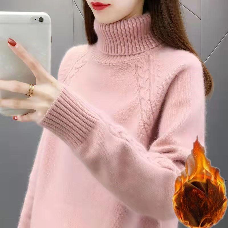Thickened turtleneck sweater for women autumn and winter short solid color warm pullover versatile long - sleeved fleece loose knitted sweater