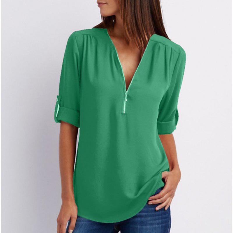 

2026 Fashion Top Sexy Shirt Women Casual V-neck Zipper Woman Blouse Long Sleeve Loose Chiffon Shirt Solid Women Clothes 25811 S трава зеленый
