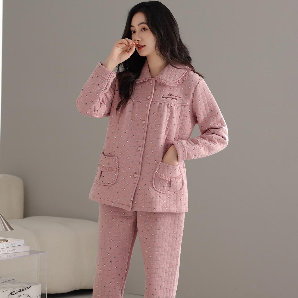 Pajamas Women's Spring and Autumn Pure Cotton Long-sleeved Autumn and Winter Air Cotton Interlayer Winter Mother Thin Padded Loungewear