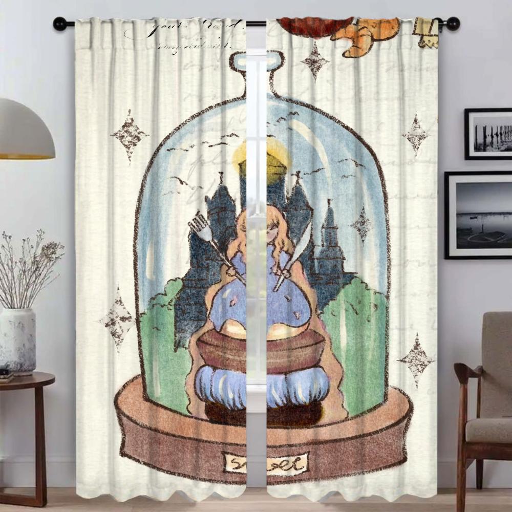 

Vintage Retro Girl Art Home Interior Curtains Living Room Curtain Partition Tulle Bedroom Halloween Decoration Light Blocking For Area Polyester W100*H130(CM)-Hooks&2PCS