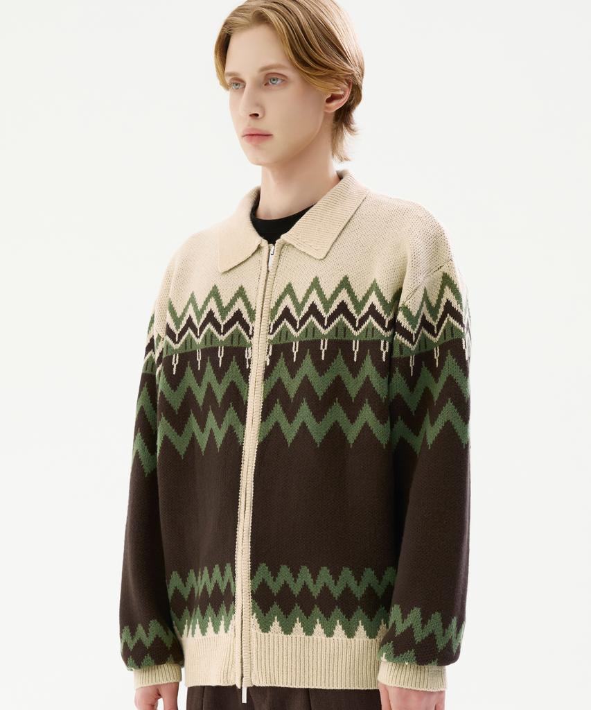 TRILLION Washable Nordic Jacquard Collar Neck 2-Way Zip-Up Knit [Beige]