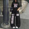 Amerikanischer Retro Street Trend Cool Buchstabendruck Kurzarm-T-Shirt Weite Hosen Set Damen Lässig Locker Sport Zwei Teile