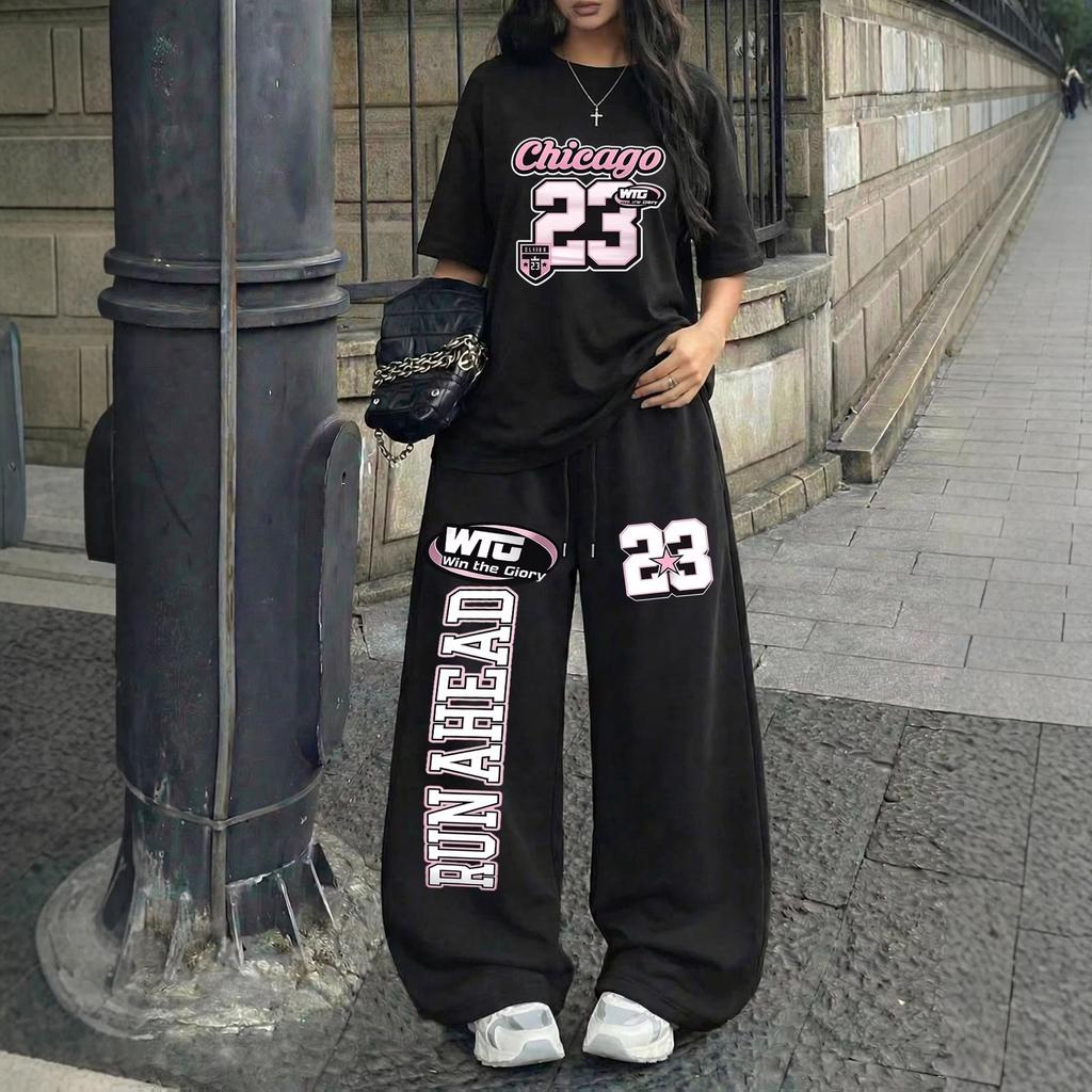 Amerikanischer Retro Street Trend Cool Buchstabendruck Kurzarm-T-Shirt Weite Hosen Set Damen Lässig Locker Sport Zwei Teile