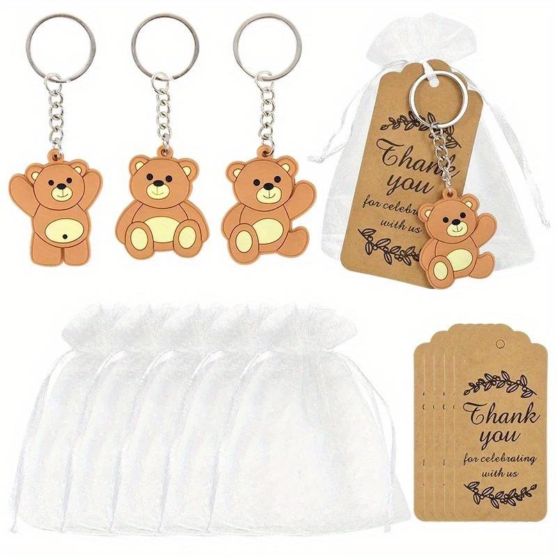 12pcs Baby Shower Souvenirs Gift Bear Keychain with Organza Bag Thank You Kraft Tag for Guests Girl Boy Birthday Party Supply