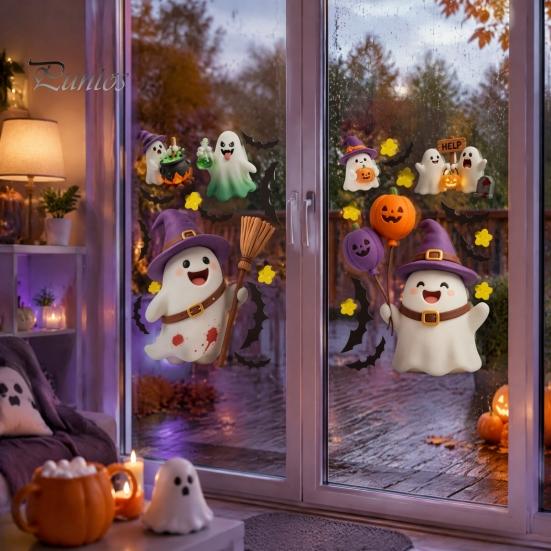 Shop Window Displays 2Pcs Cute Ghost Halloween Static Stickers, PVC Waterproof Cartoon Pumpkin Bat And Holiday Party Supplies Star Glass Decals,
