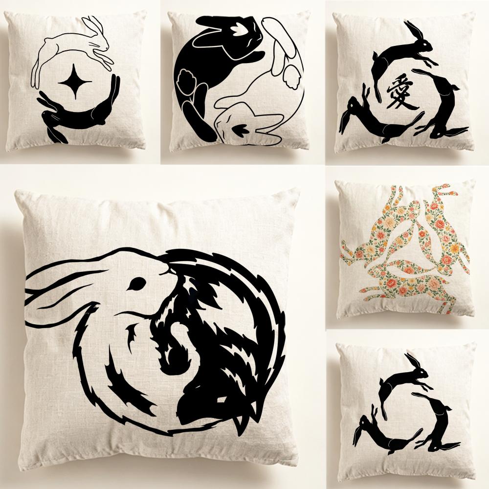 NNegative Space Rabbit Cushion Cover Nordic Style Natural Linen Pillow Cover Durable Washable Pillowcase for Home Bedroom Sofa
