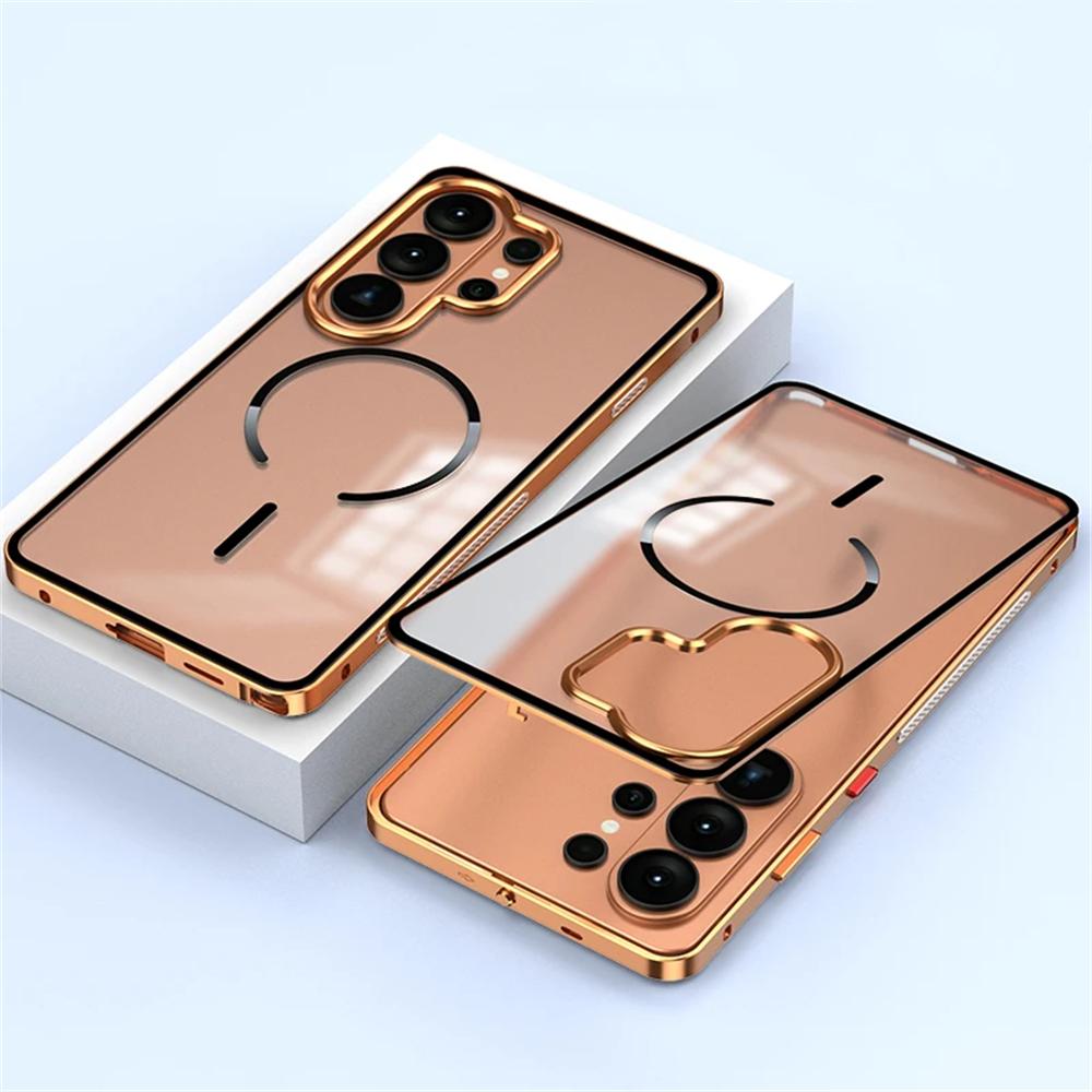 Luxury For Magsafe Magnetic Wireless Charging Phone Case For Samsung Galaxy S26 S25 S24 S23 Ultra Plus Aluminum Metal Clear Bumper Cover