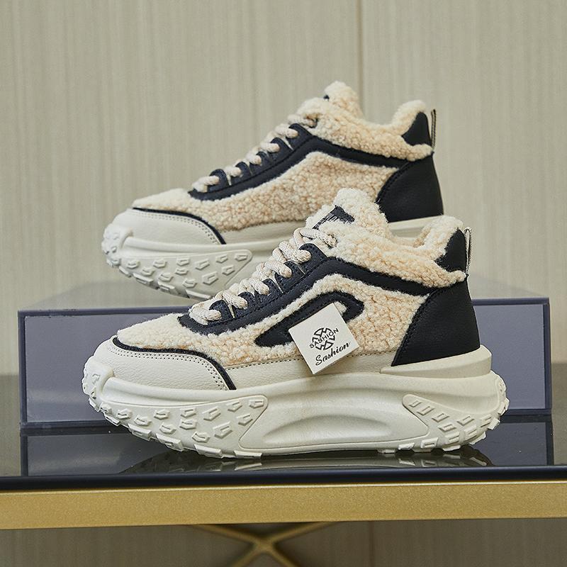 MCTIN Shoes for Women Winter Plush Chunky Sneakers Lace Up Casual Thick Soled Warm Shoes