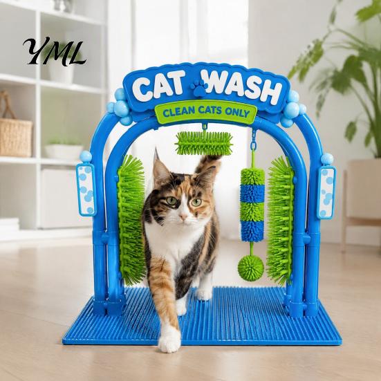 Cat Cleaning Accessories Wash Grooming Station, Self Groomer with Soft Rubbing Brushes, Helper Car Design Massage Scratcher for Indoor Cats Loose Fur