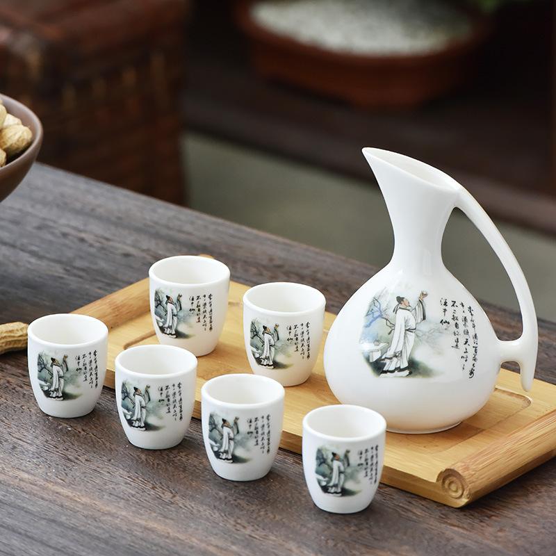 250ml Wine Dispenser Set Retro Chinese Style Ceramics Flagon Set Gift A Pot Six Cups Wine Set Peony Plum Blossom Kitchenware