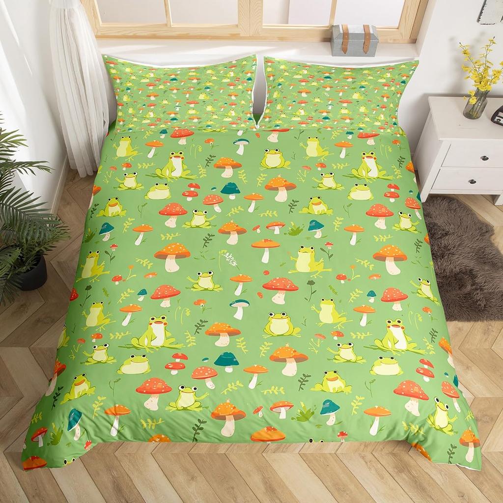 Cartoon Mushroom Frog Duvet Cover Twin Size,Cute Kawaii Green Animal Comforter Cover Maple Leaves Hazelnut Plant Quilt Cover