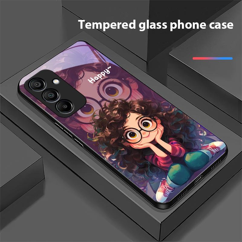 Mädchen mit lockigen Haaren für Samsung Galaxy A15 5G 54 4G 51 50 24 35 90 71 12 51 53 52S 80 22 34 Schwarze Handyhülle aus gehärtetem Glas