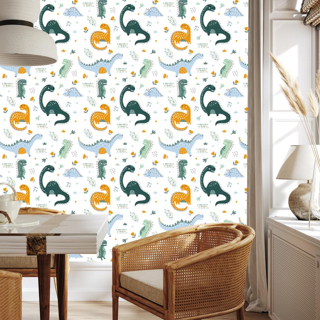 Dinosaurs Leaves and Flowers Wallpaper for Living Room and Bedroom 50x1000