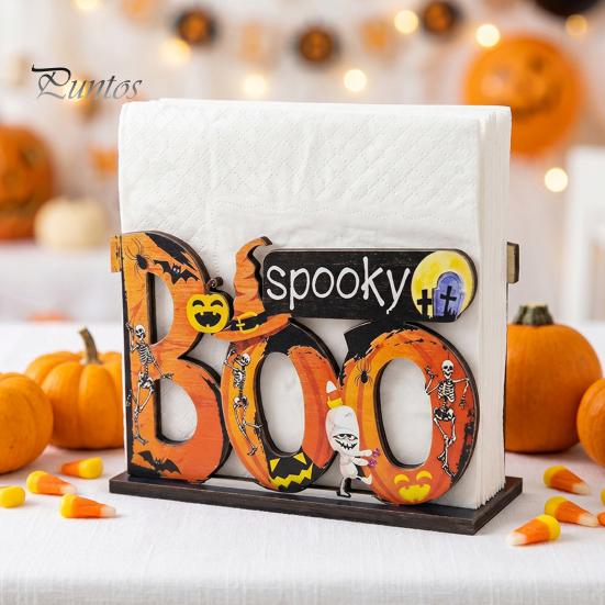 Rosa Kürbis Tischdekoration Halloween Holz Serviettenhalter, Niedlicher Pastell Geist Schwarze Katze Tischoberfläche Taschentuchspender, Wasserdichtes Dekoratives Papierhandtuch