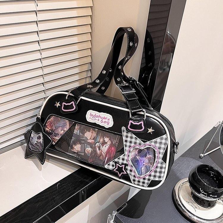 Star Letter Shoulder Bag With Adjustable Shoulder Strap Zipper Design Leather Pu