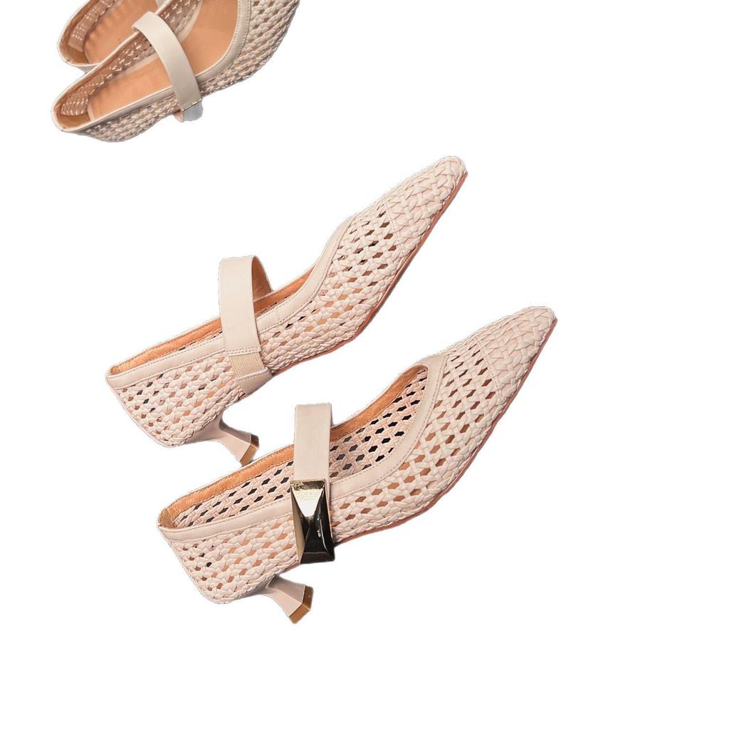 Leather hollow woven one-word buckle Roman sandals women's 2025 spring and summer round head flat bottom Mary Jane hole shoes