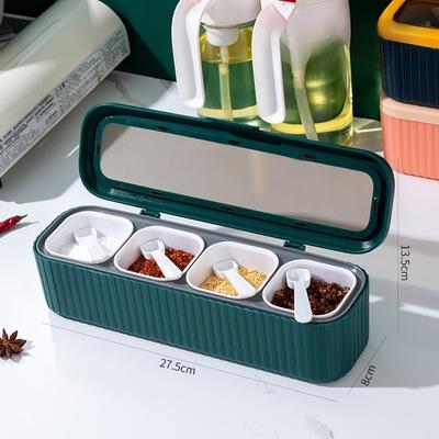 Portaspezie 4 in 1 con cucchiaio, barattolo per spezie, scomparti multipli, sale, pepe, spezie, pentole, accessori da cucina, contenitore per condimenti