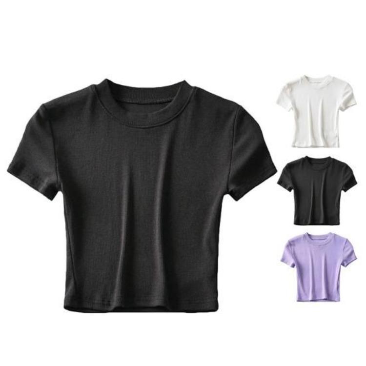 Women Casual Crop Top Summer Slim Fit Stretchy Solid Color Short Sleeve Waist Exposed Soft Breathable Lady T-shirt