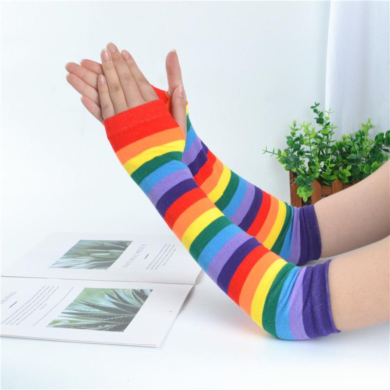 Women's Rainbow Stripe Half-Finger Cotton Dance Gloves with Sun Protection