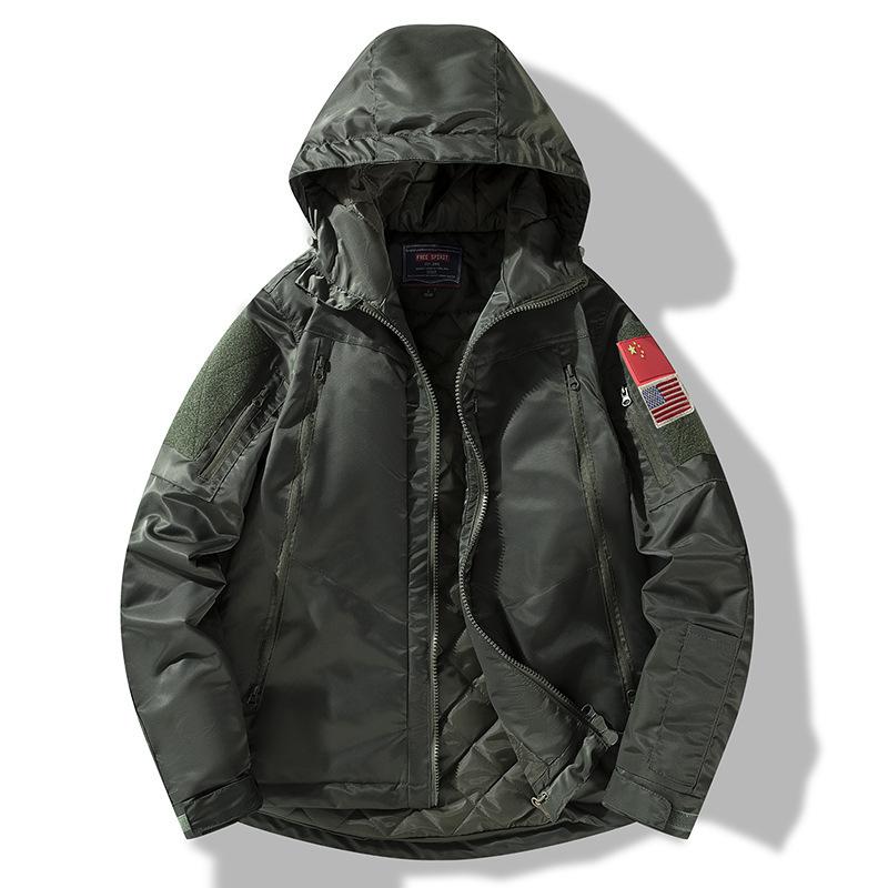 Men's Outdoor Casual Cotton Wear Multi-Pocket Hooded Military Fleece Thickened Medium and Long Thick Jacket Men's