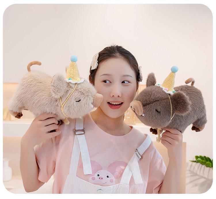 Adorable Wild Boar Plush Toy – Super Soft Pig Stuffed Animal with Birthday Hat, Perfect Gift or Wedding Toss Doll