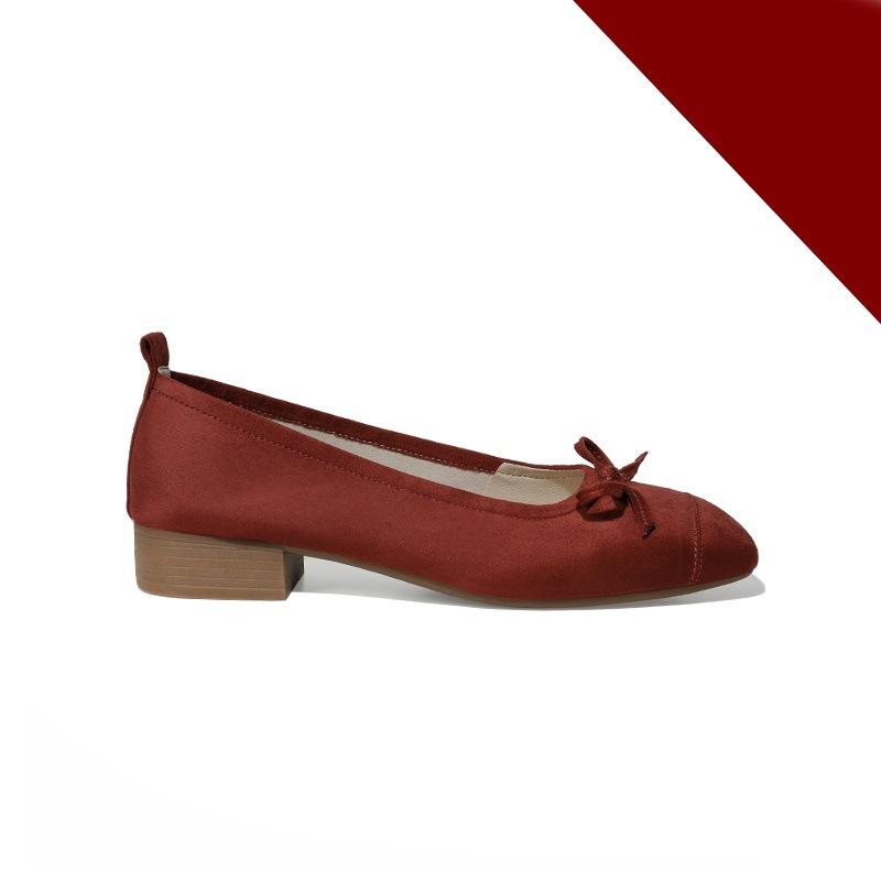 Leather version! Half-song red ballet single shoes women's bow retro flat-bottomed laden shoes square head shallow mouth grandma shoes