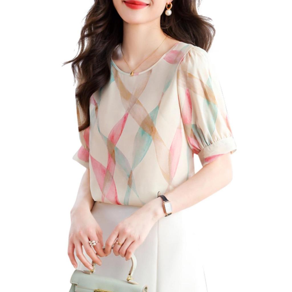 Women's 2025 New Style Contrast Color Chiffon Short-Sleeved Pullover Top