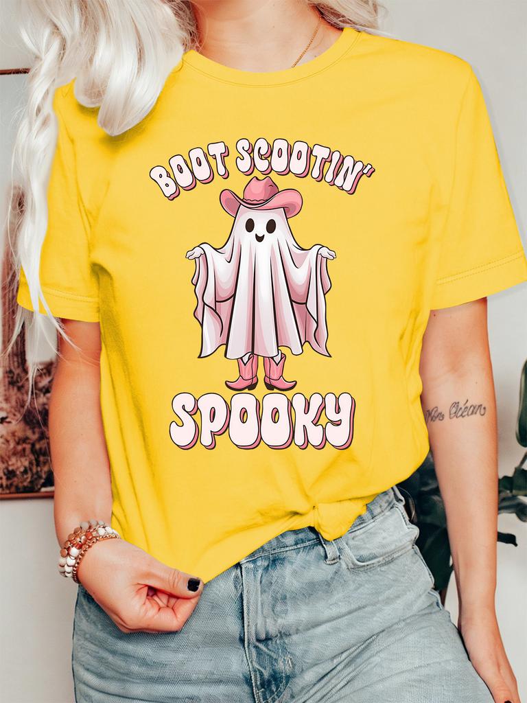 Halloween Cowboy Womens T Shirt Boot Scootin Spooky Cute Ghost Western Style Cartoon Graphic Short Sleeve O Neck Daily Wear Tops