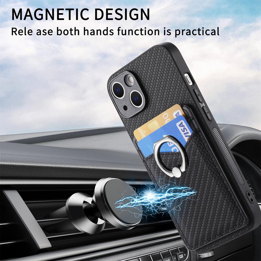 Cellphone Cover for iPhone 15,Card Holder Carbon Fiber Texture PU Leather+PC+TPU Phone Case with Ring Kickstand