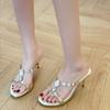 New Open Toe Rhinestone Gem Chain Flip Flops Women Summer New Sexy Temperament Outside Wear Stiletto Heels Sandals