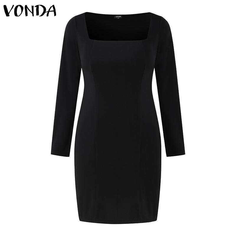 VONDA Women U-Neck Long Sleeve Solid Color Split Thin Bodycon Mini Dress