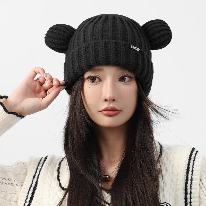 Cute Bear Knitted Wool Hat For Cycling Warm Cartoon Earmuffs Autumn And Winter