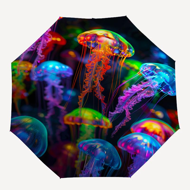 Jellyfish, Neon Colors Theme 8 Bone Hand Automatic Folding Fashion Umbrella, Compact and Portable Design, A Perfect Gift for Birthday, Chris