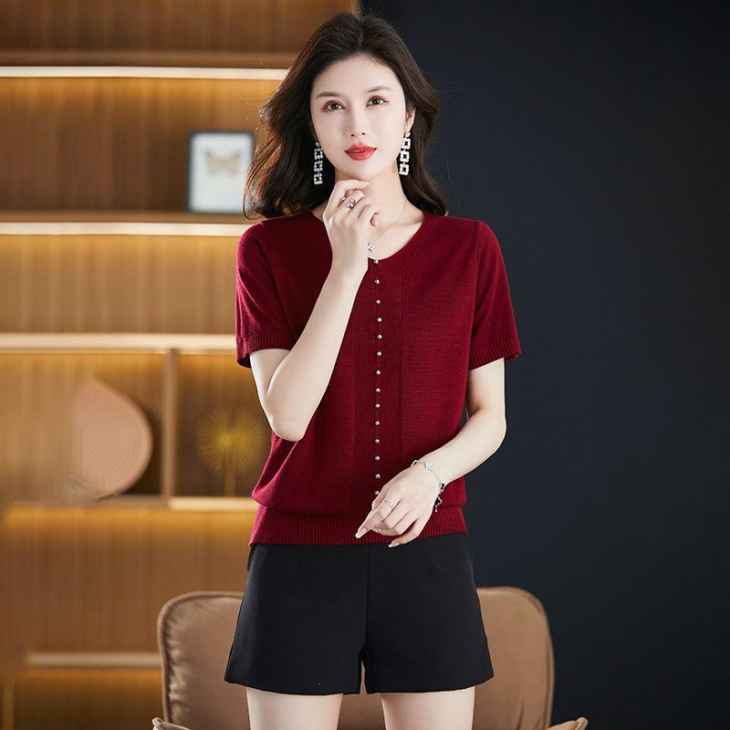 

Женская футболка с V-образным вырезом и короткими рукавами, летняя одежда, вязаный свитер с бисером, тонкий свободный топ в западном стиле 3XL бордовый