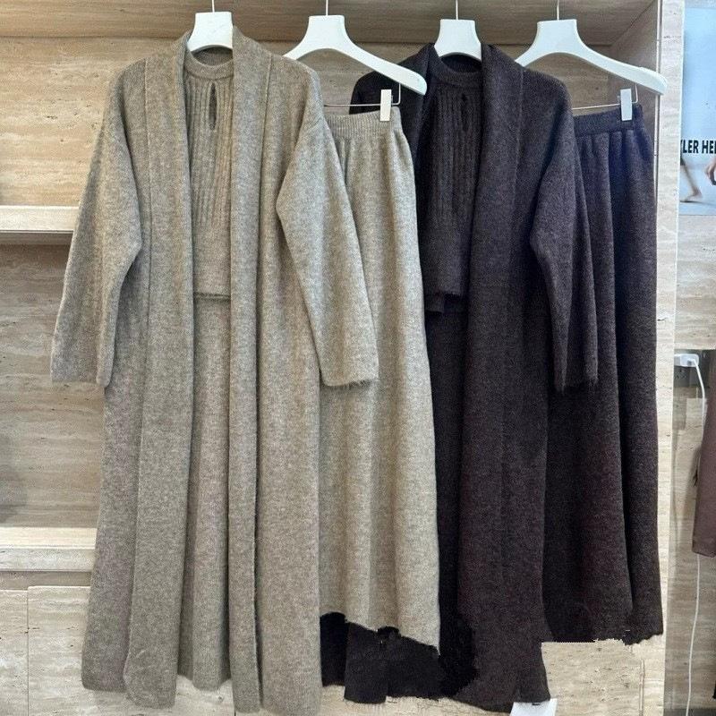 Korean Version Knitted Suit Women's Autumn and Winter Lazy Wind Knitted Cardigan Neck Vest Skirt Three-piece Set