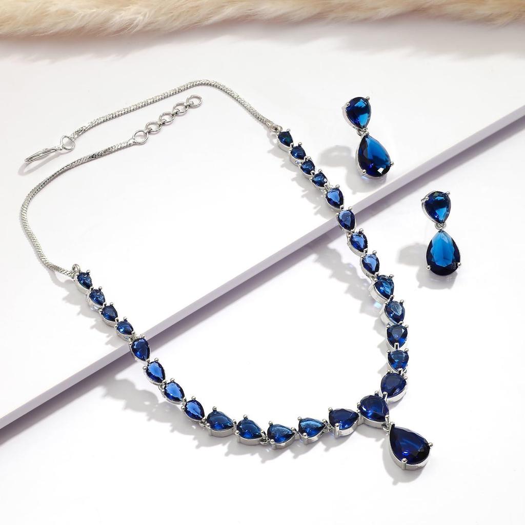 Necklace Set Rhodium Plated Crystal Studded Stylish Jewellery Gift for Women & Girls
