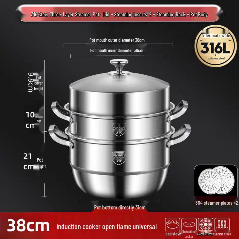 316 Stainless Steel High-Rise Steamer Pot, Extra Thick, Food-Grade, Large Capacity, Versatile 3-4 Layer Soup Pot