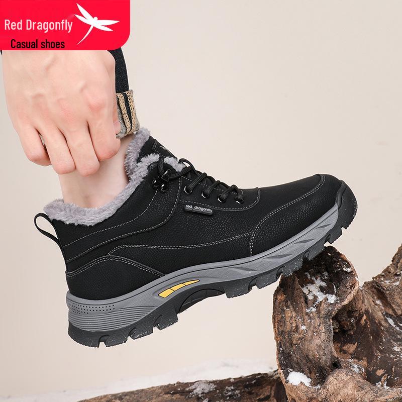 Red Dragonfly Men's High-Top Winter Sports Shoes - Warm, Thickened, Plus Velvet for Middle-aged and Older Men