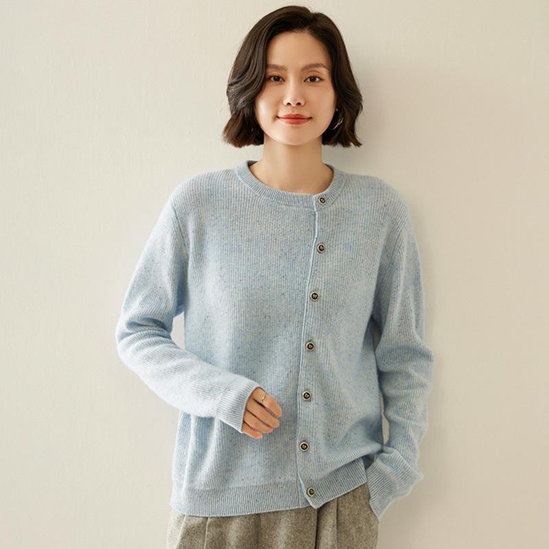 2025 Autumn/Winter Women's Thickened Cashmere Cardigan - Round Neck, Speckled Yarn, Slanted Buttons, Long Sleeve Wool Knit Sweater Coat