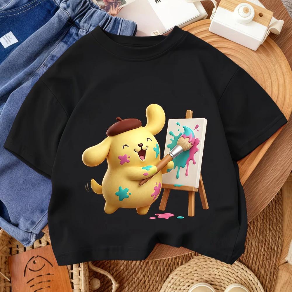 Summer Fashion Crew Neck Streetwear Boys and Girls 3-14 Years Old Kids Casual T-Shirt Cute Pudding Dog Cartoon Print