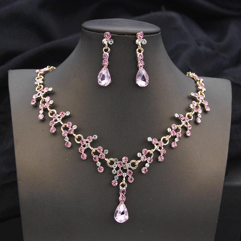Queen Bridal Jewelry Sets for Women Pink Tiara Wedding Dress Crown With Necklace Earring Set Party Birthday Costume Accessories