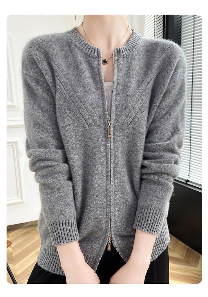 Cardigan lavorato a maglia con doppia zip slim fit stile retrò 2026 - Giacca maglione casual da donna girocollo